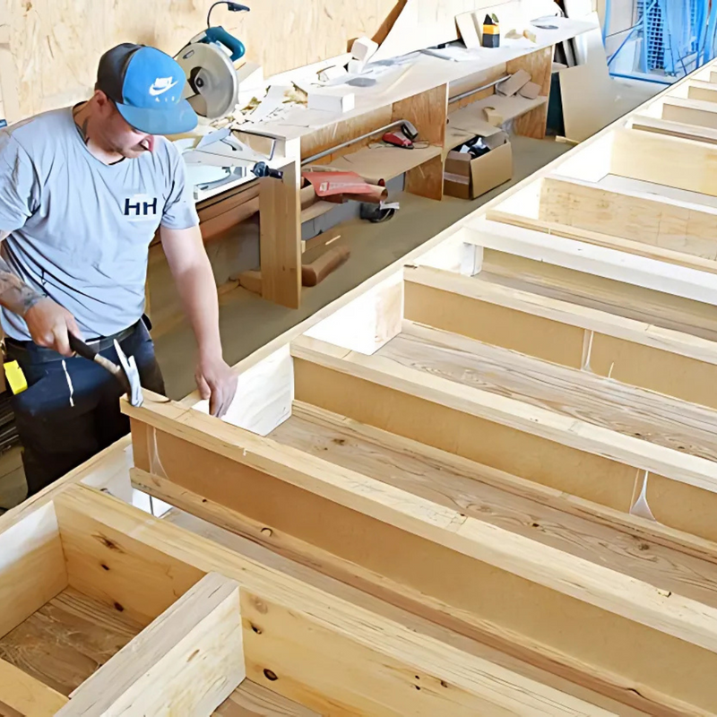 Builder installing wooden floor joists with hammer in carpentry workshop