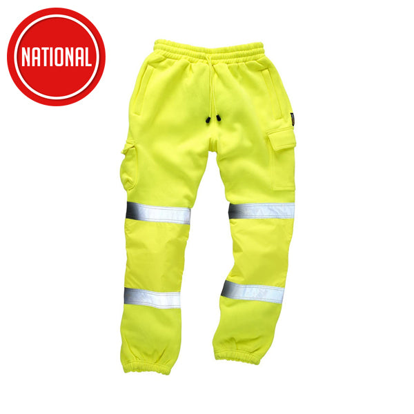Hi vis yellow work trousers with reflective strips, elastic waist and utility pockets