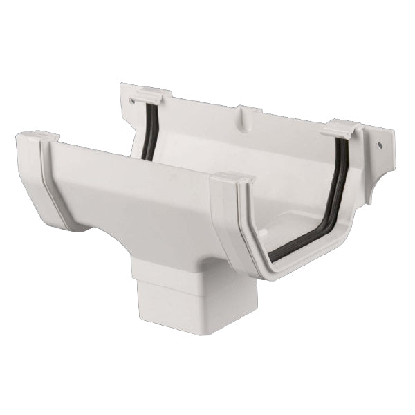 White plastic gutter outlet with side openings for downpipe connection, building supplies