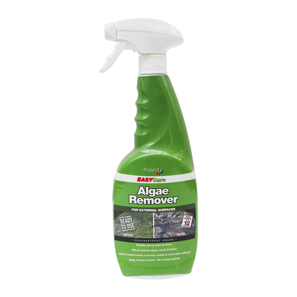 Green trigger spray bottle of Azpects Algae Remover for external surfaces, building cleaner