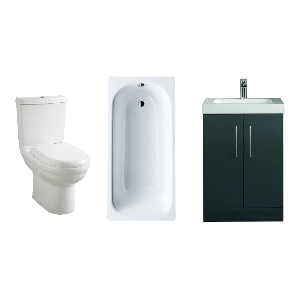 Modern bathroom suite with white toilet, bathtub, and black vanity basin unit