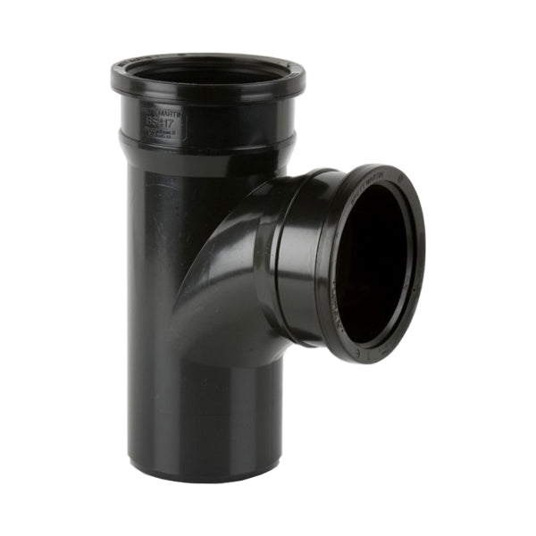 Black plastic drainage pipe fitting with T-junction for plumbing installations