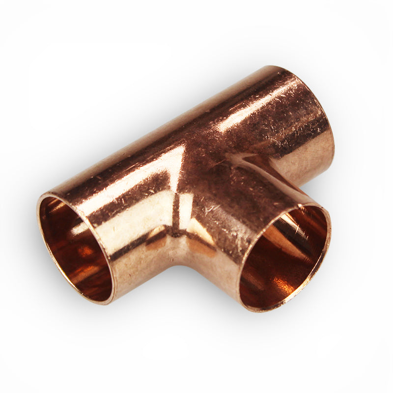 Copper pipe tee fitting for plumbing and building materials on white background