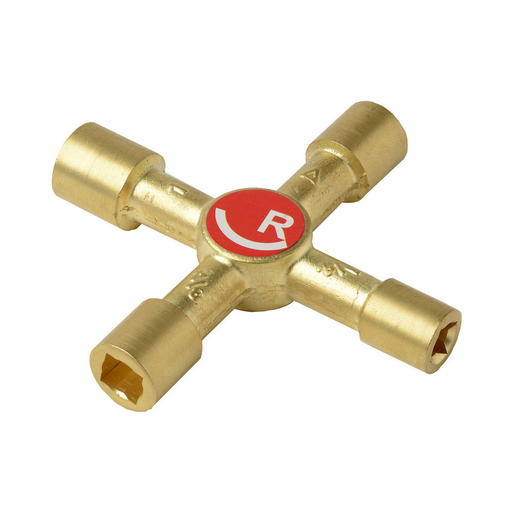 Brass four-way utility key tool for plumbing, heating, and building maintenance use