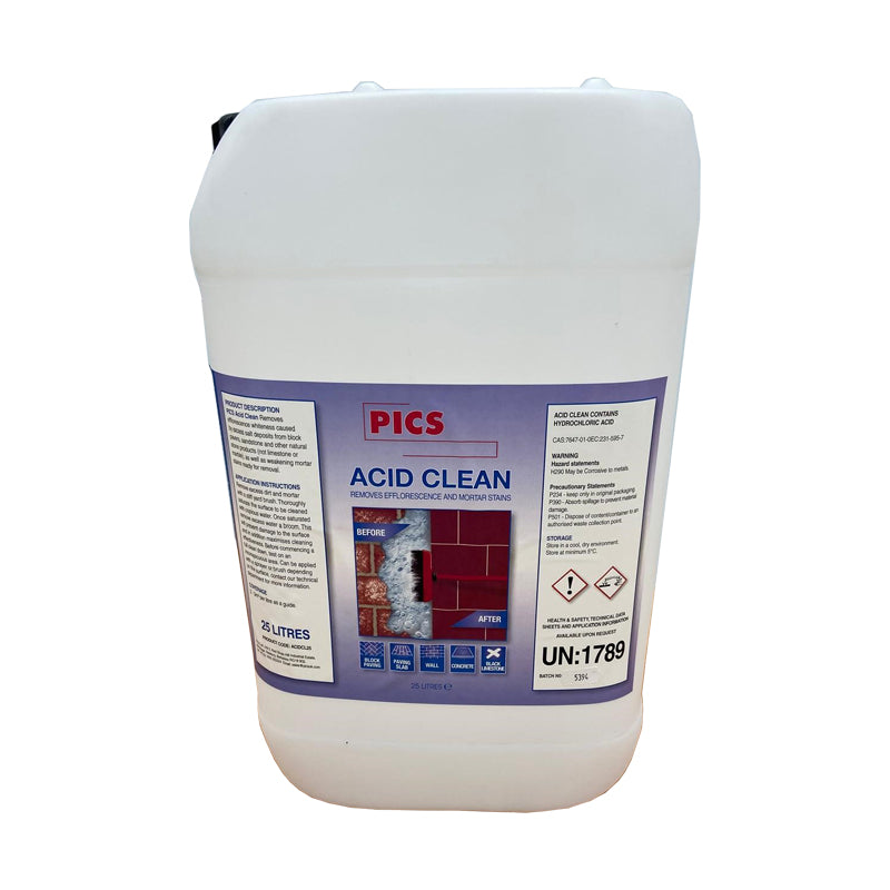 PICS Acid Clean 25 litre container for removing efflorescence and mortar stains from brickwork
