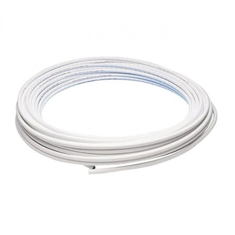 Coiled white plastic pipe for plumbing or electrical conduit on white background