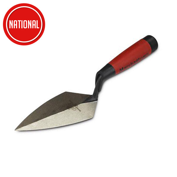 Pointed brick trowel with red and black handle, masonry hand tool for construction