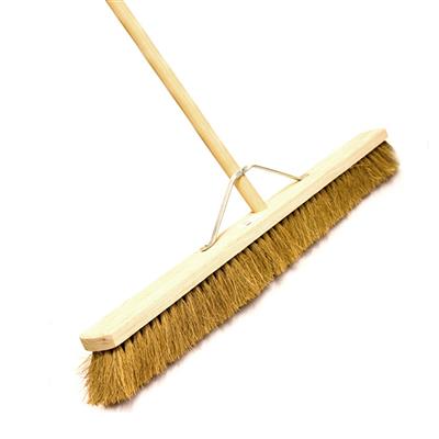 Heavy-duty wooden broom with stiff bristles for sweeping floors, ideal for construction or DIY use