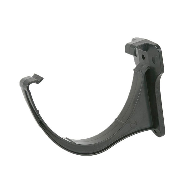 Black plastic gutter bracket for rainwater drainage, wall mounted fitting