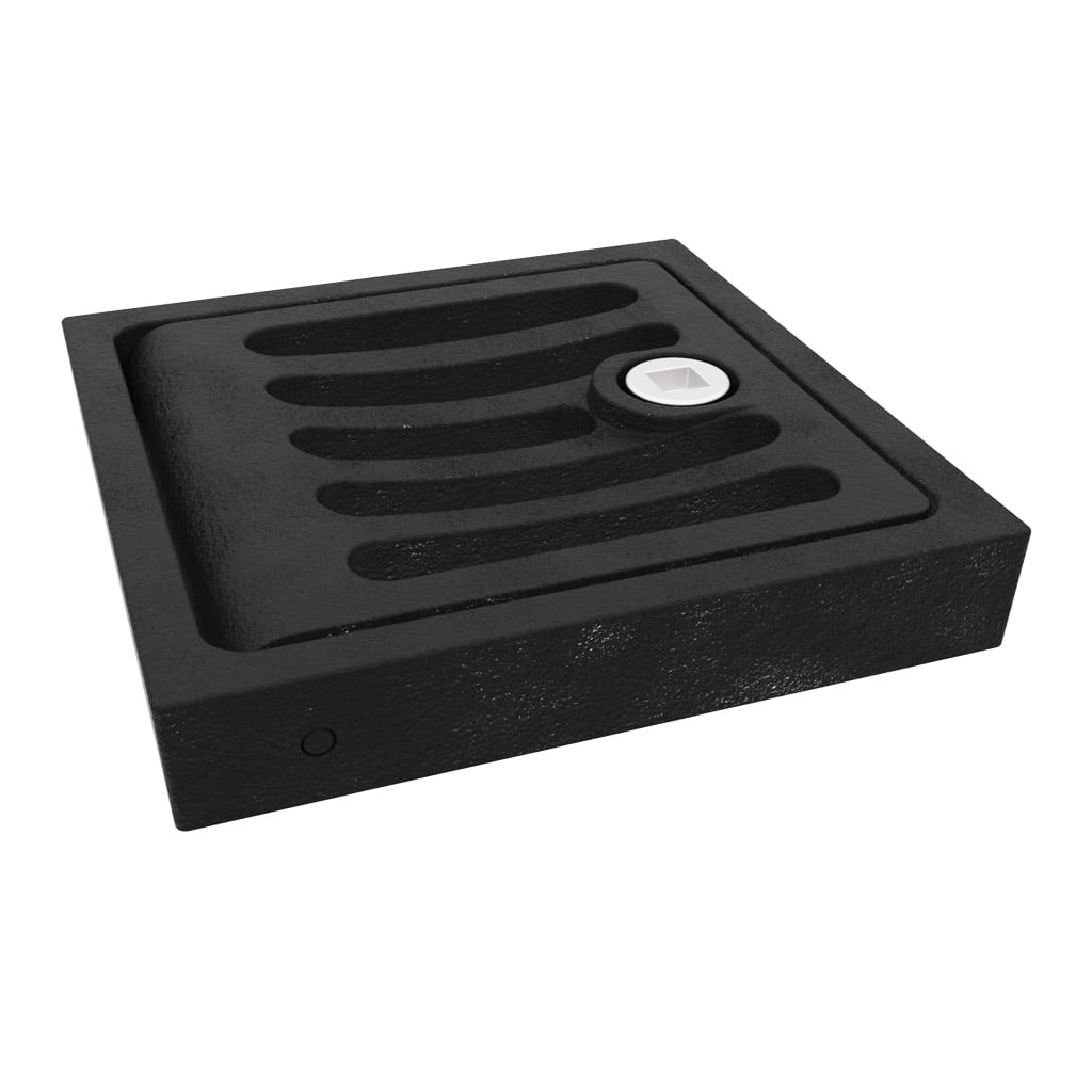 Black square shower tray with textured grooves and central drain for bathroom installations
