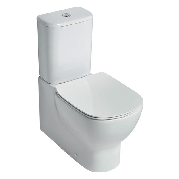 Modern white close coupled toilet with dual flush for bathroom or renovation projects