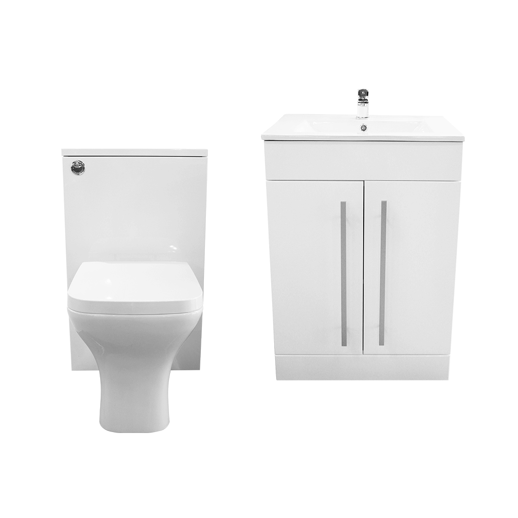 Modern white toilet and bathroom vanity unit with sink, minimalist design, bathroom suite