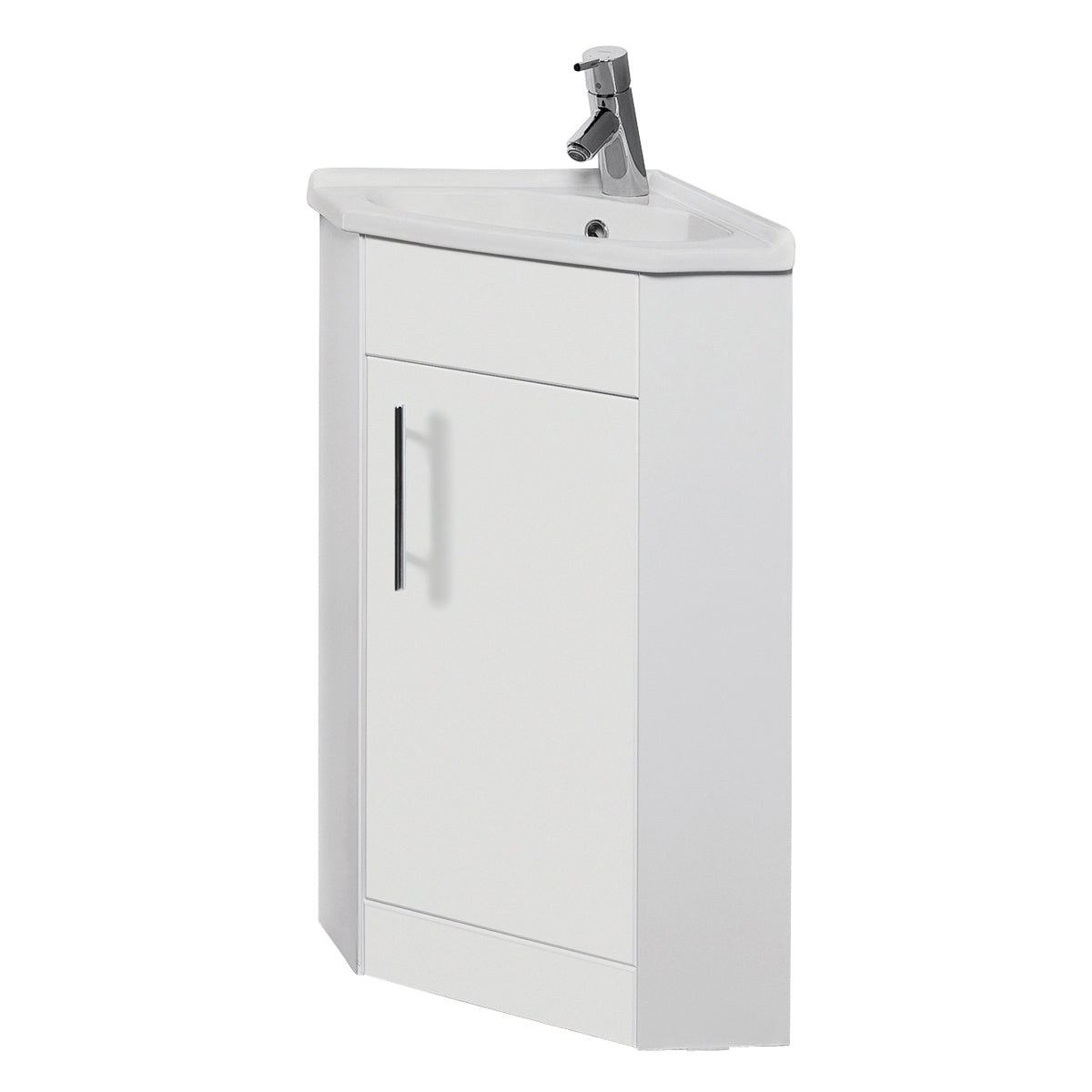 White corner bathroom vanity unit with single door and integrated sink