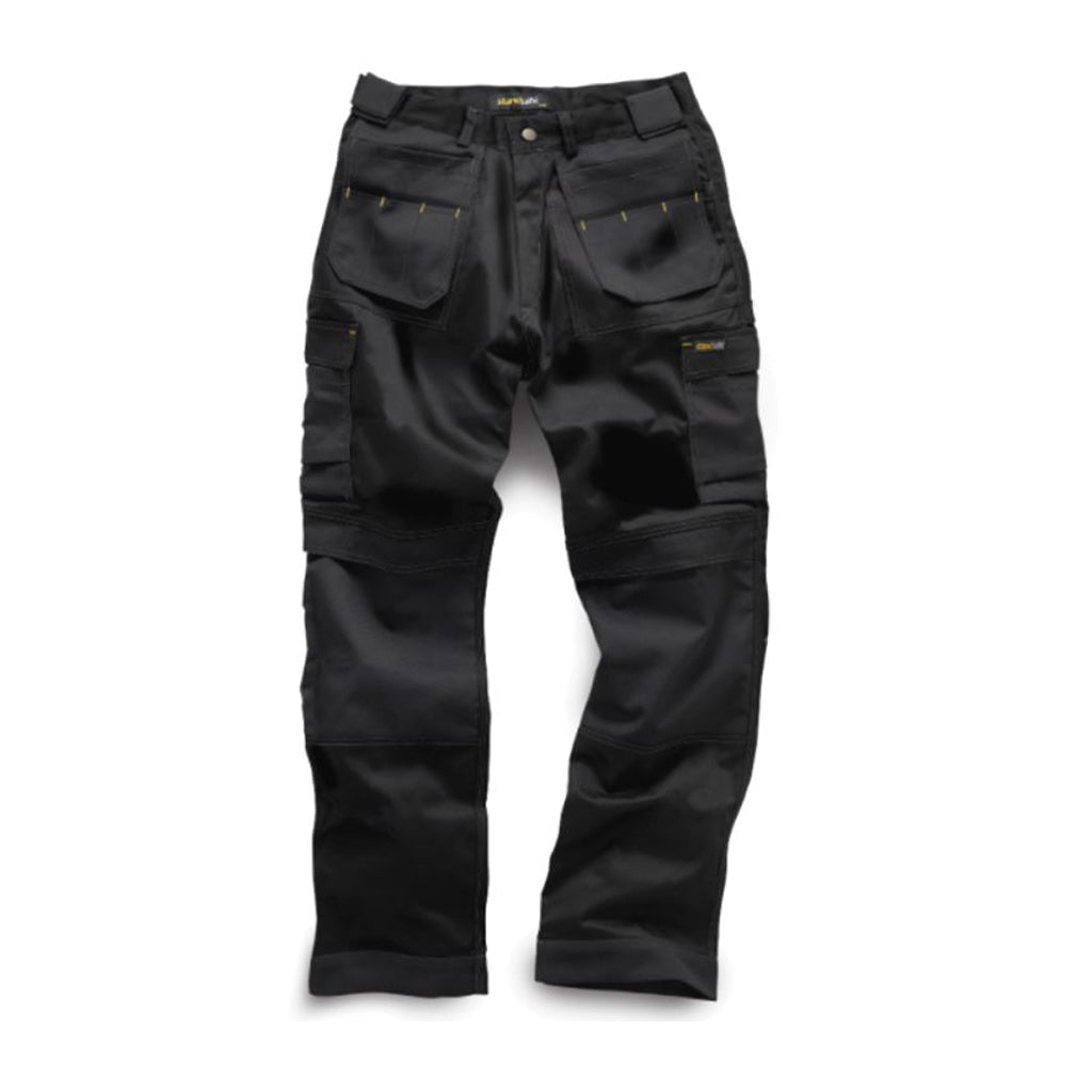 Black work trousers with multiple pockets and reinforced knees for construction or DIY use