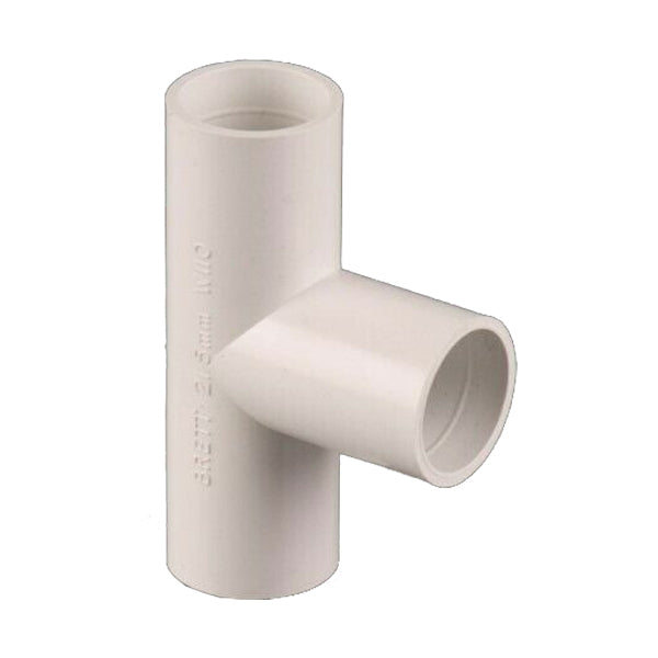 White PVC pipe tee fitting, plumbing connector for building materials and DIY projects