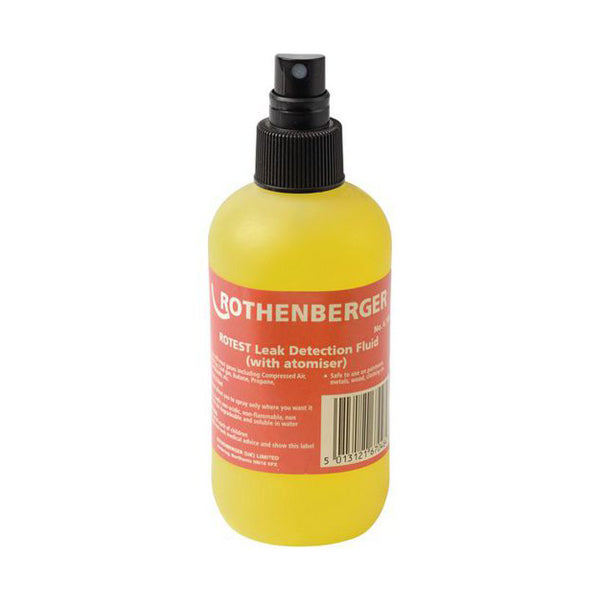 Yellow leak detection spray bottle with black atomiser and red label for plumbing
