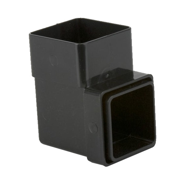 Black plastic square downpipe connector, 90 degree angle, for guttering and drainage