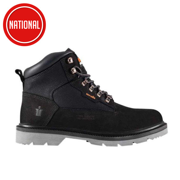 Black safety work boot with grey sole and metal eyelets, ideal for construction and trade