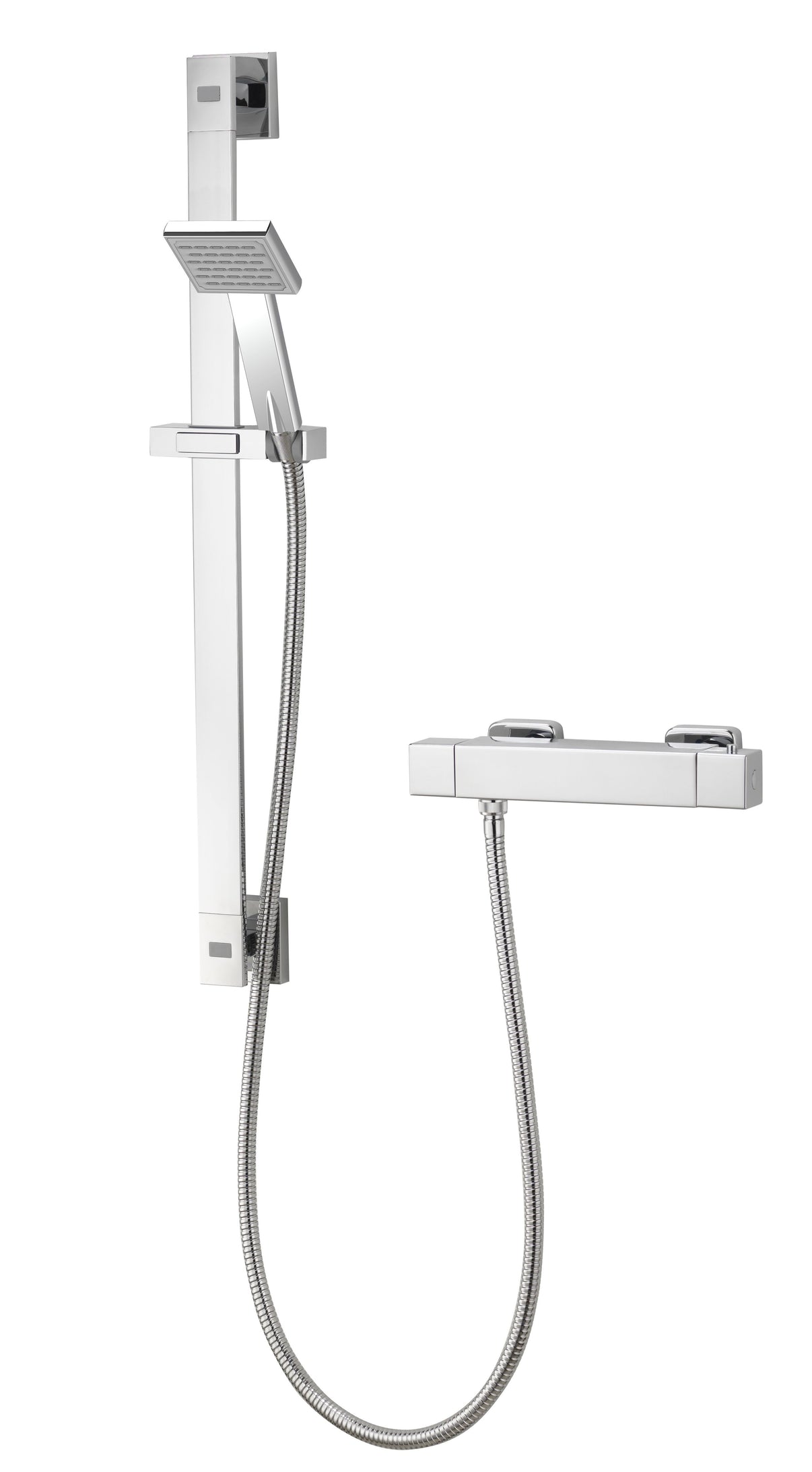 Modern chrome square thermostatic shower mixer with adjustable riser rail and handheld head