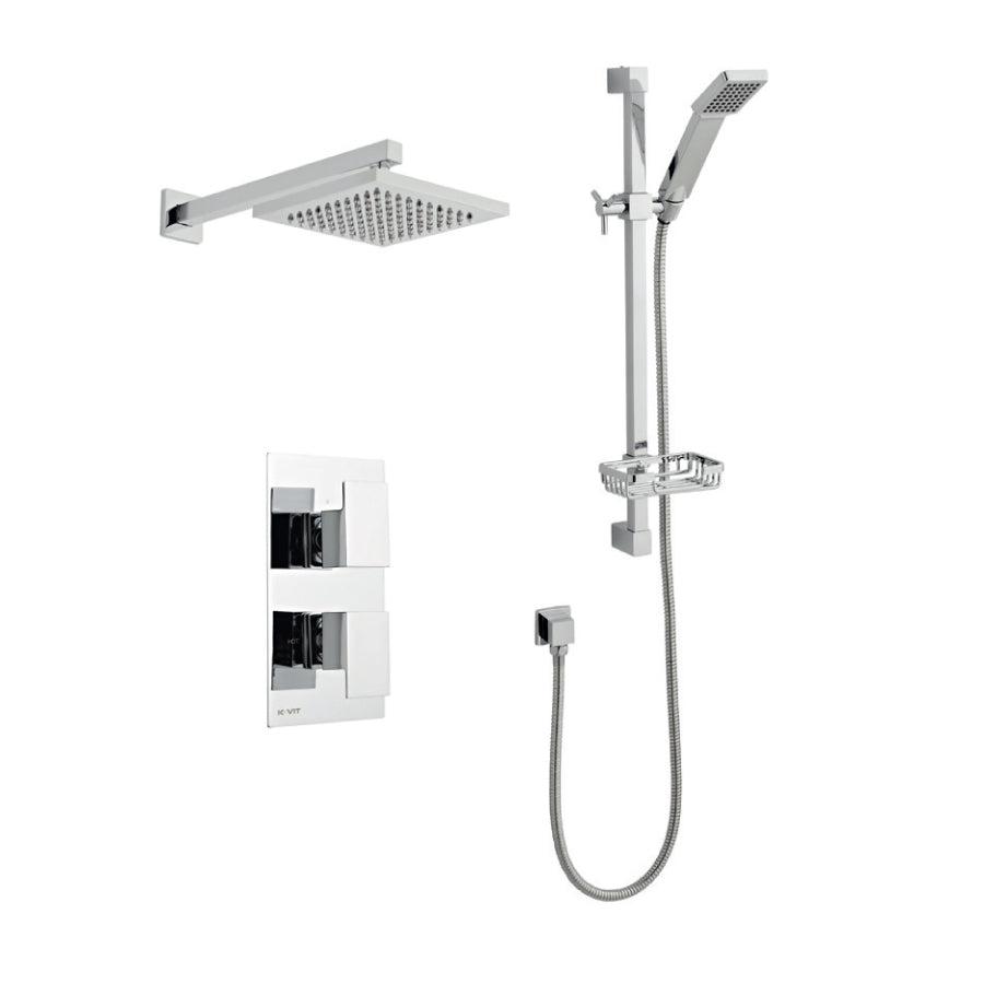 Modern chrome thermostatic shower set with square rainfall head, handheld shower, and wall controls