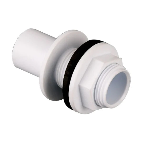 White plastic tank connector fitting with threaded ends and rubber washer for plumbing