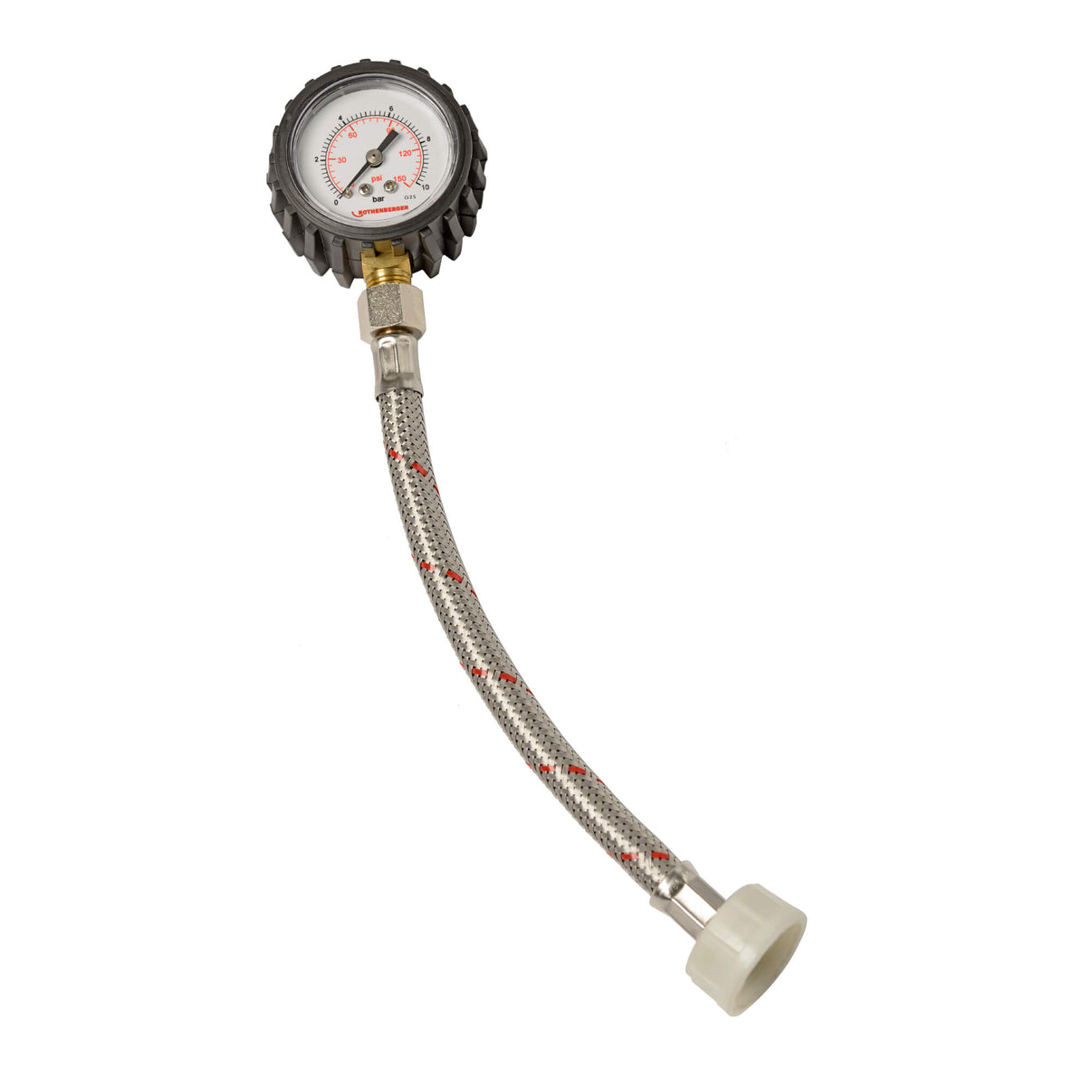Pressure gauge with flexible braided hose for plumbing and heating system testing