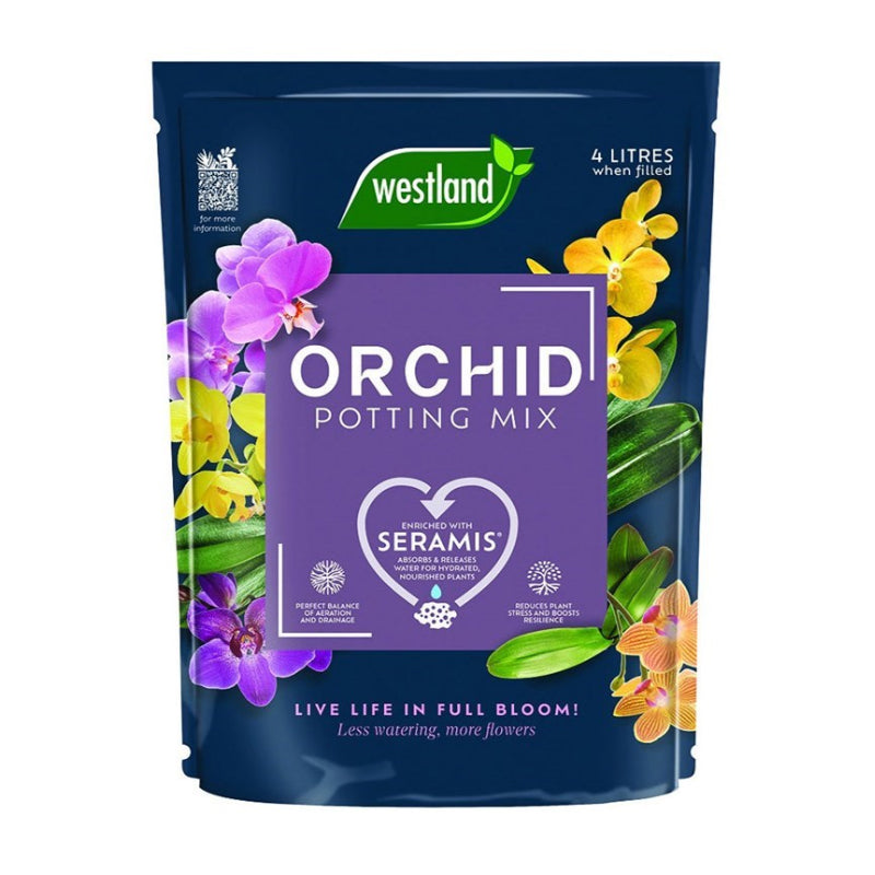 Westland orchid potting mix 4L bag with colorful orchid flowers and green leaves on packaging