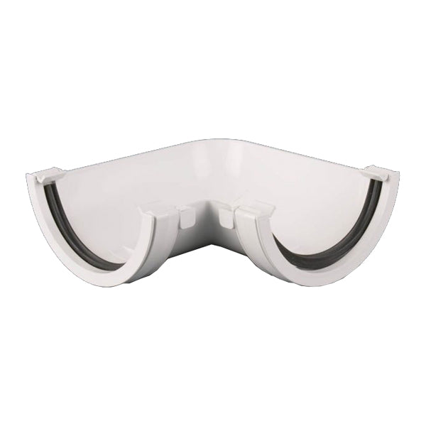 White plastic gutter angle joint with rubber seals for rainwater drainage systems