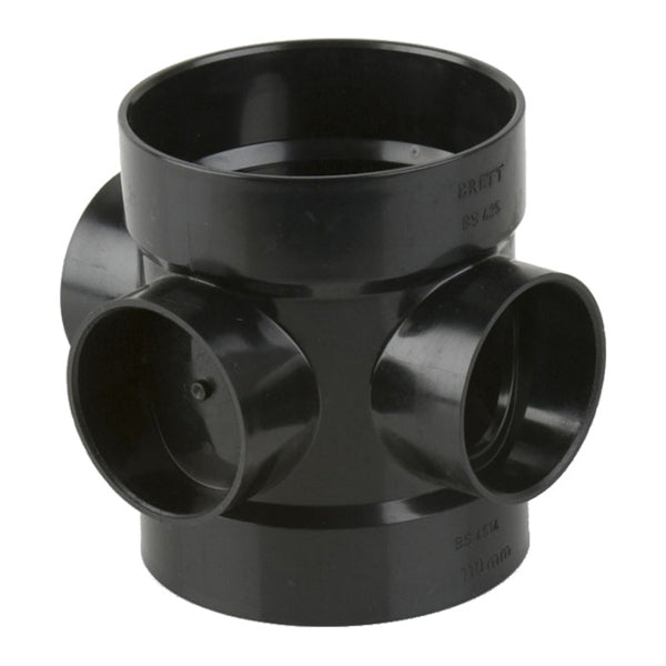 Black plastic four-way drainage pipe junction fitting for plumbing and building projects