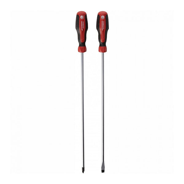 Long handle Phillips and flathead screwdrivers with red and black grips, DIY hand tools