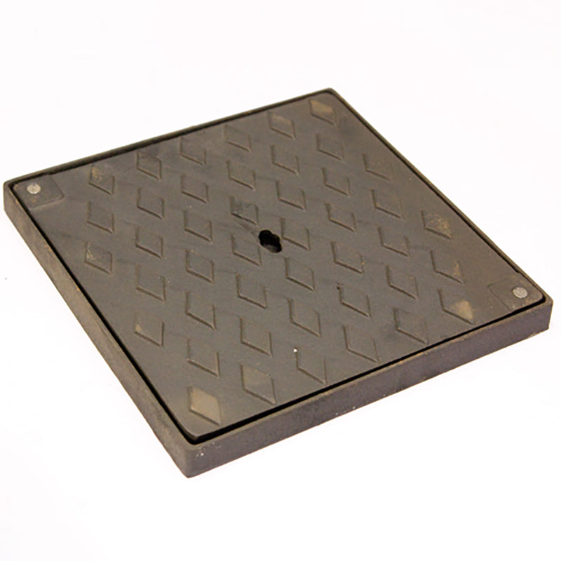 Square black drain cover with diamond pattern, used for building materials and DIY projects