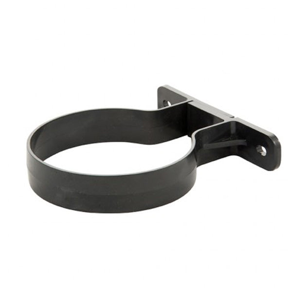 Black plastic soil pipe bracket for wall mounting plumbing or drainage pipes