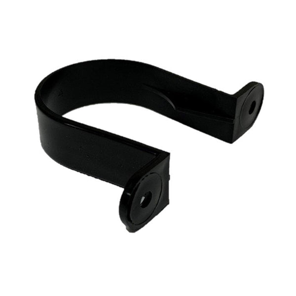 Black plastic pipe clip bracket for securing pipes, plumbing fitting, building supplies