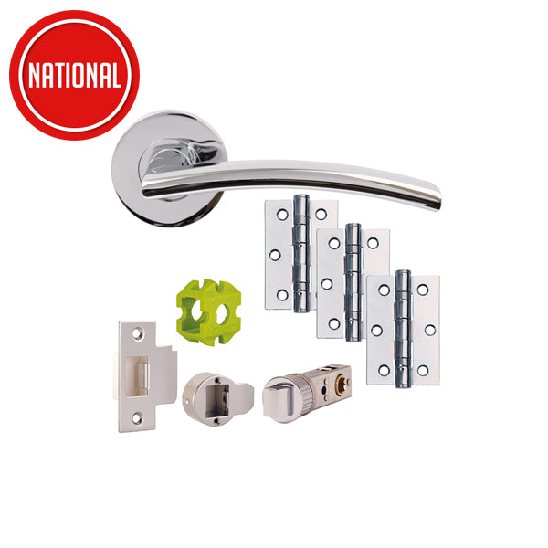 Modern chrome door handle set with hinges, latch, and installation hardware on white background