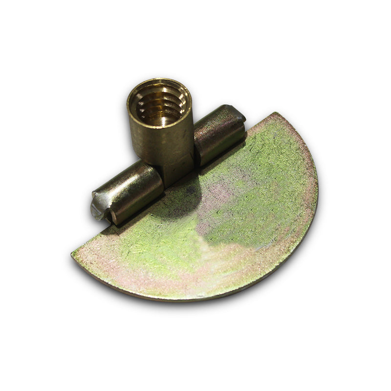 Brass barrel nut and cam fitting for furniture assembly on white background