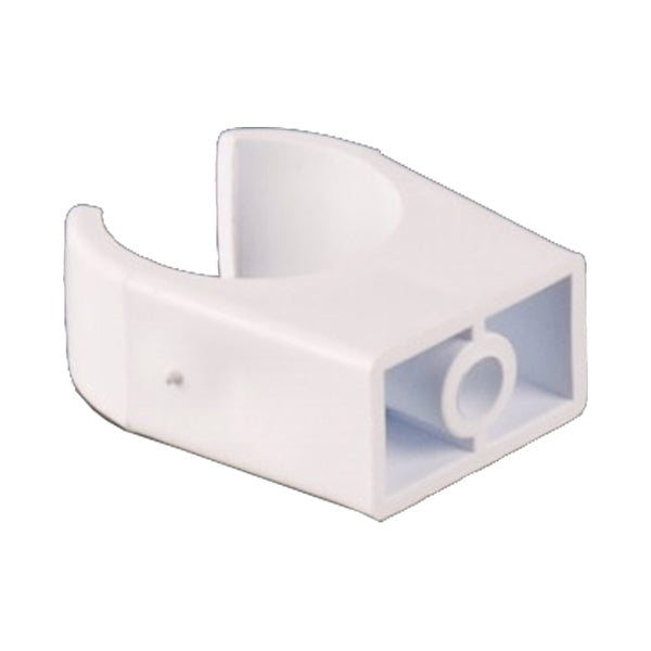 White plastic pipe clip for plumbing and building material installation