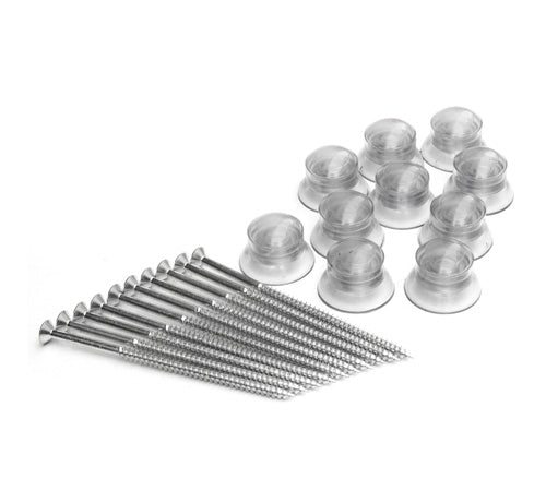 Set of metal wood screws and clear wall plugs for building materials and DIY projects