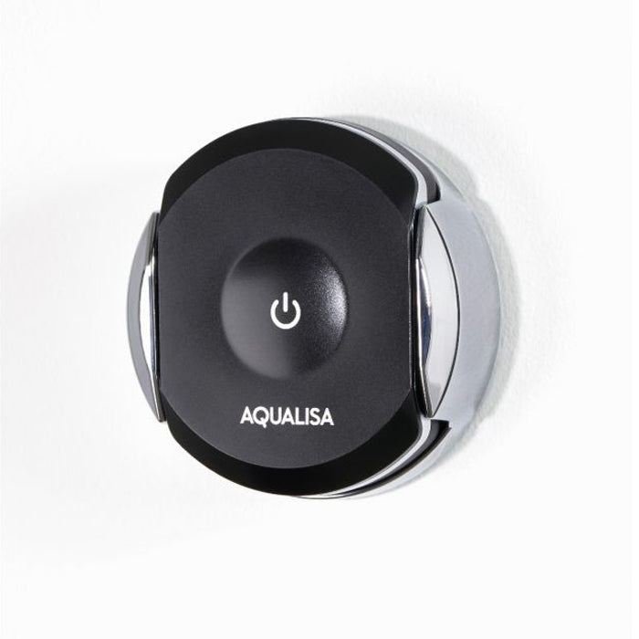 Aqualisa black and chrome digital shower remote control mounted on a white wall