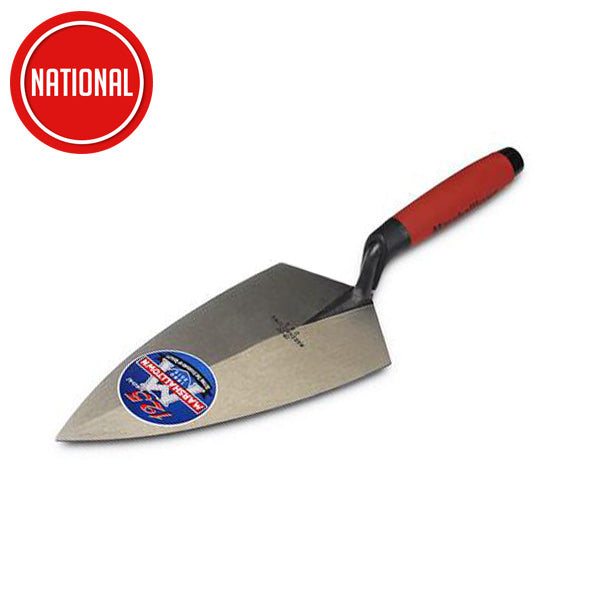 Masonry trowel with red and black handle for bricklaying, isolated on white background