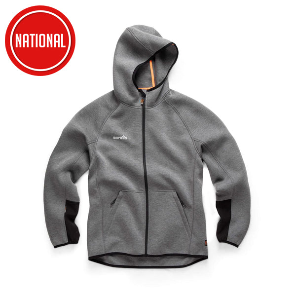 Grey workwear zip-up hoodie with hood, black accents, and front pockets on white background