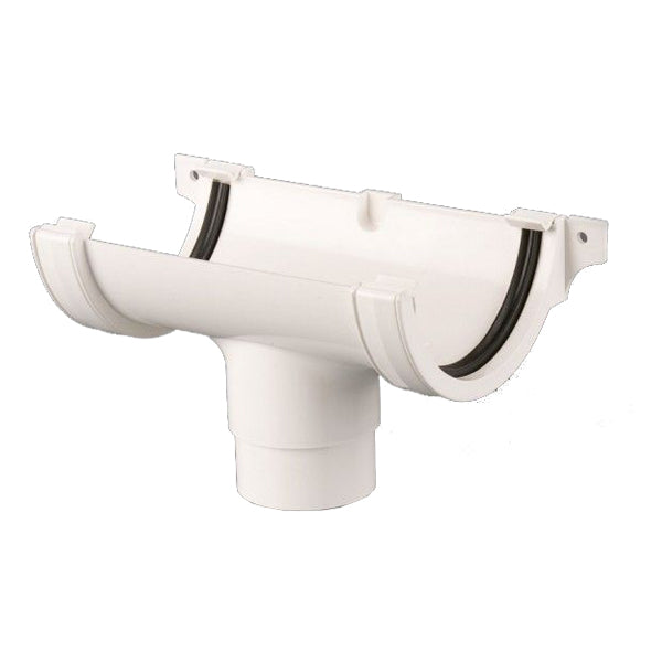 White plastic gutter union bracket with downpipe outlet for rainwater drainage