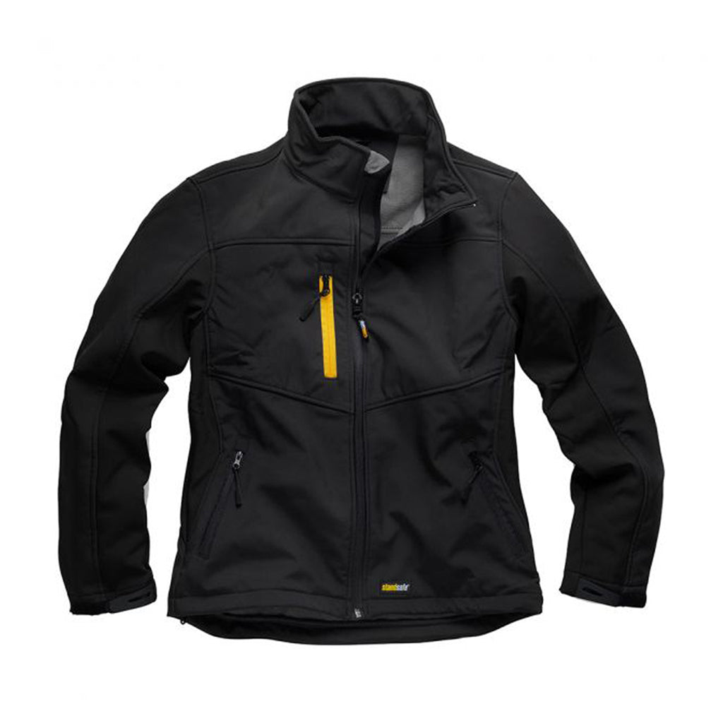 Black workwear softshell jacket with high collar and yellow zip pocket, isolated on white