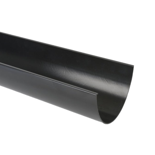 Black plastic half-round guttering section for drainage and rainwater systems