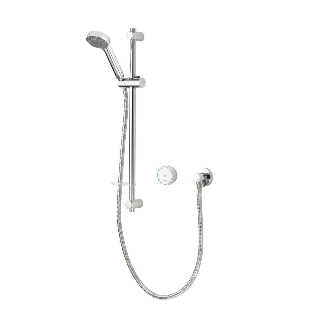 Modern chrome shower set with handheld head, adjustable rail, flexible hose, and digital control