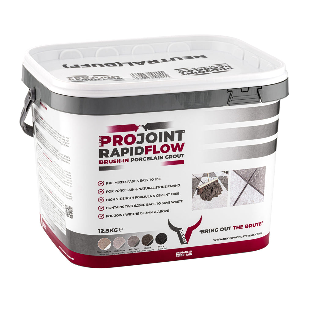 Tub of ProJoint RapidFlow brush-in porcelain grout, 12.5kg, for paving and tile joints