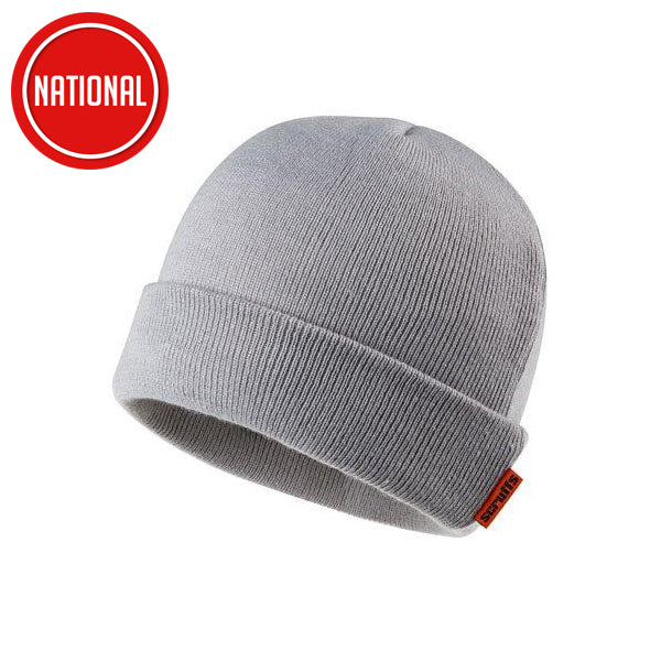 Light grey knitted beanie hat with folded cuff, ideal for outdoor work or DIY projects