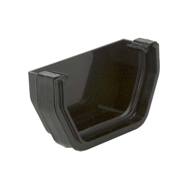 Black plastic gutter stop end for rainwater drainage systems and roof guttering