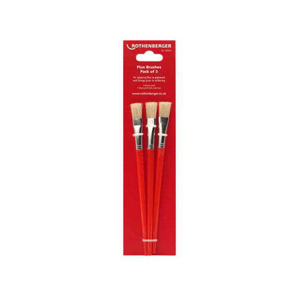 Pack of three red-handled flux brushes for plumbing and soldering, on display card.