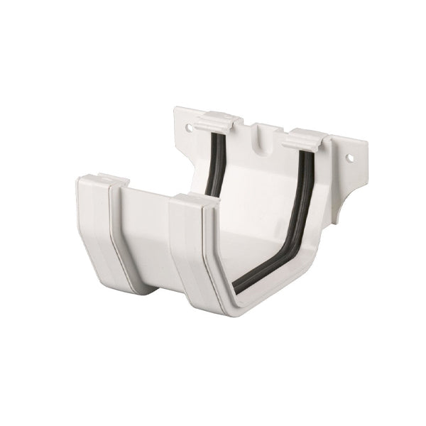 White plastic gutter union bracket for building materials, close-up on plain background