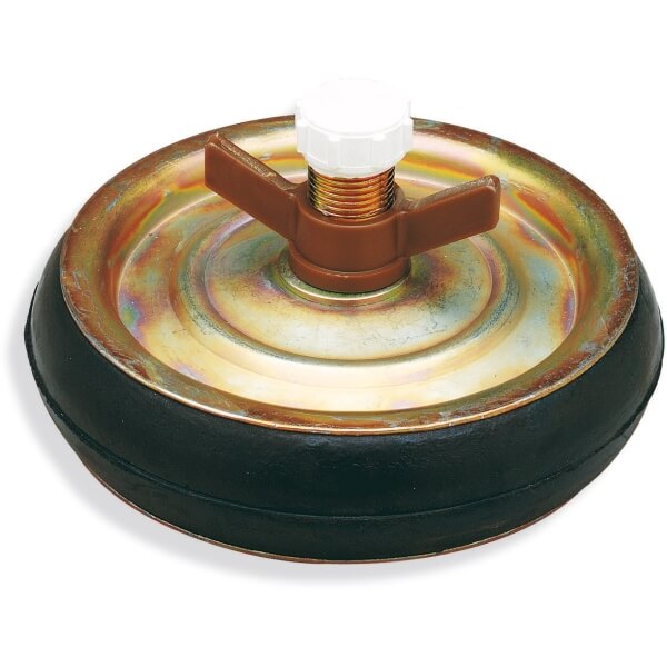 Round metal pipe test plug with wing nut and rubber seal for plumbing systems